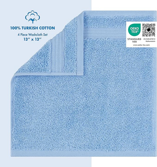 Cotton Paradise 100% Cotton Turkish Washcloth Set for Bathroom, 4 Piece Soft Absorbent Small Hand Face Towels Wash Rags, Sky Blue