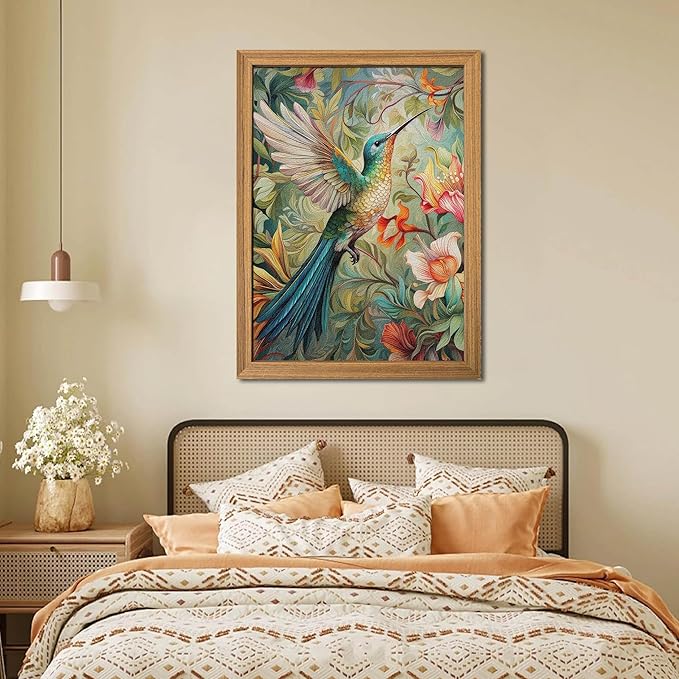 Framed Vintage 3D Textured Wall Art - Colorful Hummingbird Floral Wall Decor - Hand Painted Sandstone Nature Botanical Picture for Living Room Bedroom Home Decor 24x36 inch