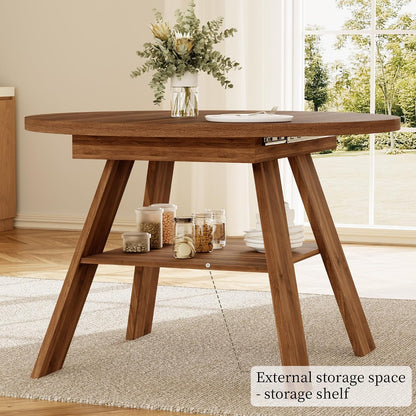 HIPIHOM 43"-59" Extendable Round Dining Table for 4-6, Walnut | Oval Kitchen Table for 4-6, Removable leaf & Storage Shelf, Space-saving for Kitchen, Living Room