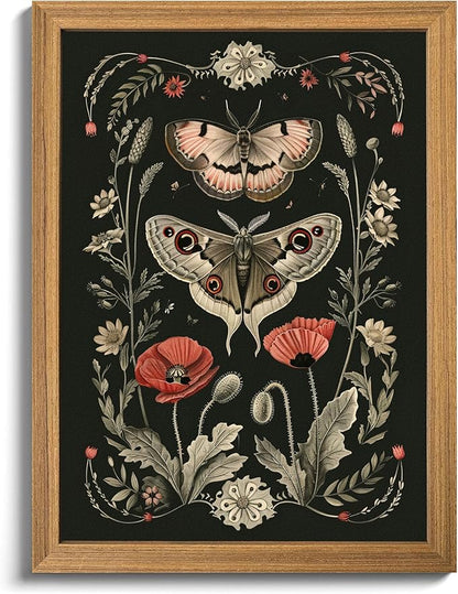 Vintage Framed Wall Art - 3D Textured Classical Style Moth Pictures Wall Decor - Hand Drawn Flowers Nature Art Painting for Living Room Bedroom Home Decor 24x36in
