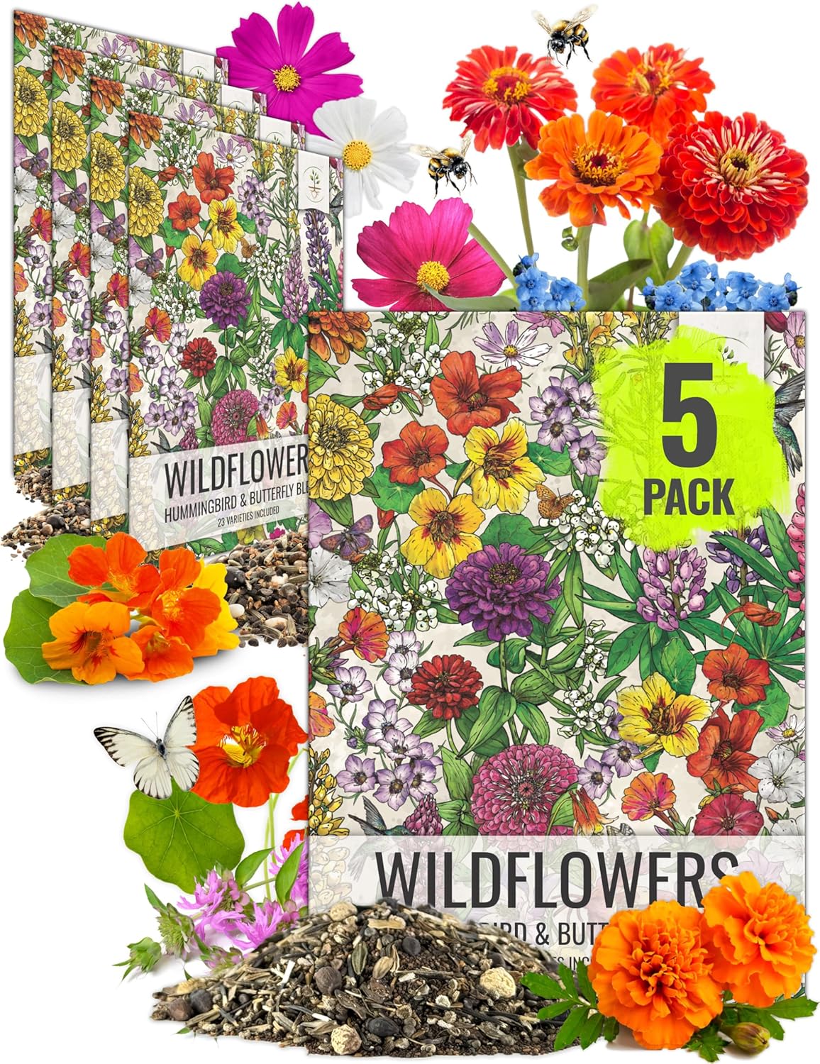 Seed Needs Wildflower Seeds Hummingbird and Butterfly Seed Mix | 5 Packs (1 Ounce Each) No Filler 23 Varieties Garden Seeds Annual & Perennial Species | Pollinator Attracting Flower Seed | Bulk