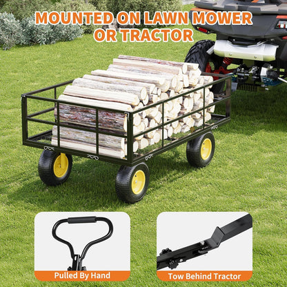 Metal Wagon - 1200lbs Garden Cart with 10" Multi-Terrain Tires, 4 Removable Mesh Sides & 180° Swivel Handle, Yard Wagon Cart for Lawn, Yard, Patio Gardening