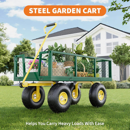Metal Wagon - 900lbs Garden Cart with 10" Multi-Terrain Tires, 4 Removable Mesh Sides & 180° Swivel Handle, Yard Wagon Cart for Lawn, Yard, Patio Gardening