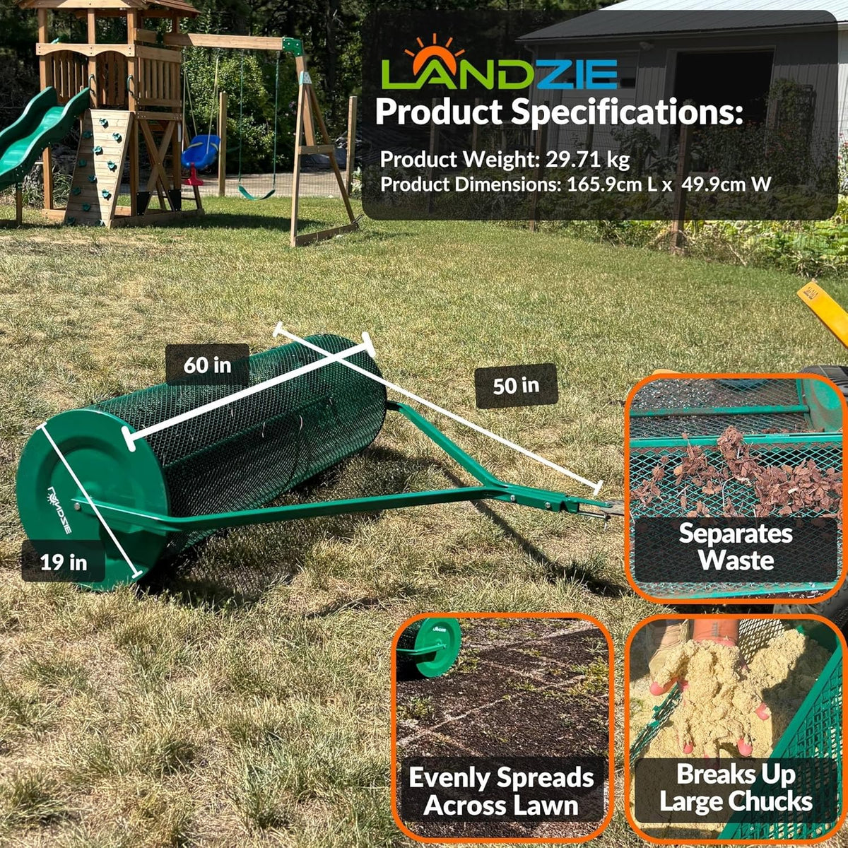 LANDZIE Lawn and Garden Spreaders - 60 x 20 Inch Tow-Behind Compost and Peat Moss Spreader for Large Lawns Commercial Landscaping - Effortlessly Spread Perfect Layer of Topdressing - Large Lawn Care