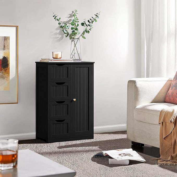 Yaheetech Wooden Bathroom Floor/Side Storage Organizer Cabinet with 4 Drawers and 1 Cupboard, Freestanding Entryway Storage Unit Console Table for Home Decor