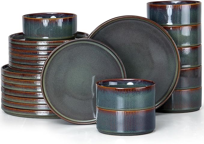 E-far 24-Piece Stoneware Dinnerware Sets, Plates and Bowls Sets for 8, Kitchen Modern Dinning Porcelain Dishes Set, Chip & Scratch Resistant, Dishwasher & Microwave Safe, Blackish Green