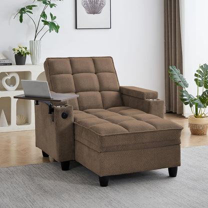 41.7" Oversized Living Room Chair, Convertible Chaise Lounge Chair Indoor with Adjustable Backrest, Deep Seat Accent Reading Chair with Armrest Storage, Swivel Side Table & Cup Holders for Bedroom