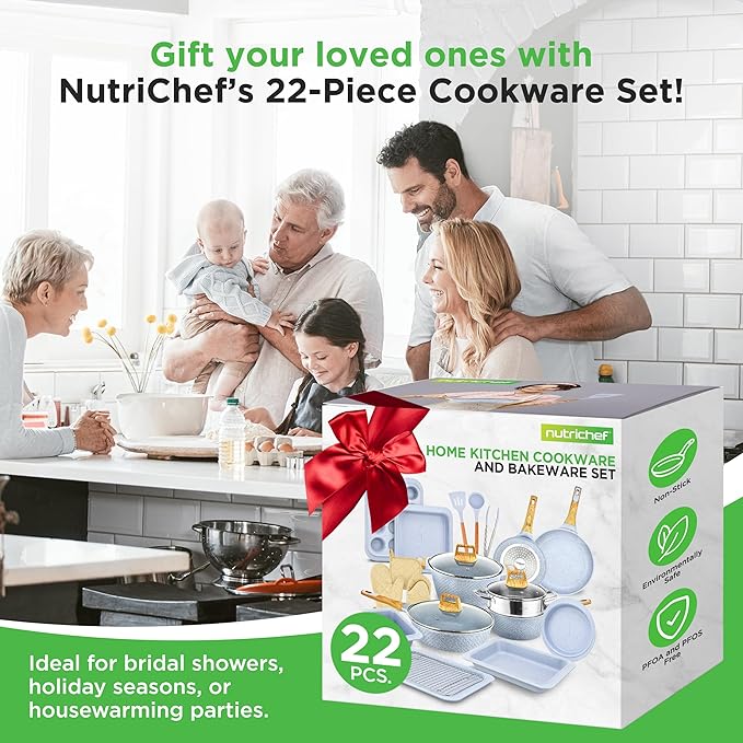 Nutrichef 22-Piece Cookware and Bakeware Set | Professional Home Kitchen Collection with Multi-Sized Pots, Pans, Non stick and Heat-Resistant Tools (Moon Grey Marble)