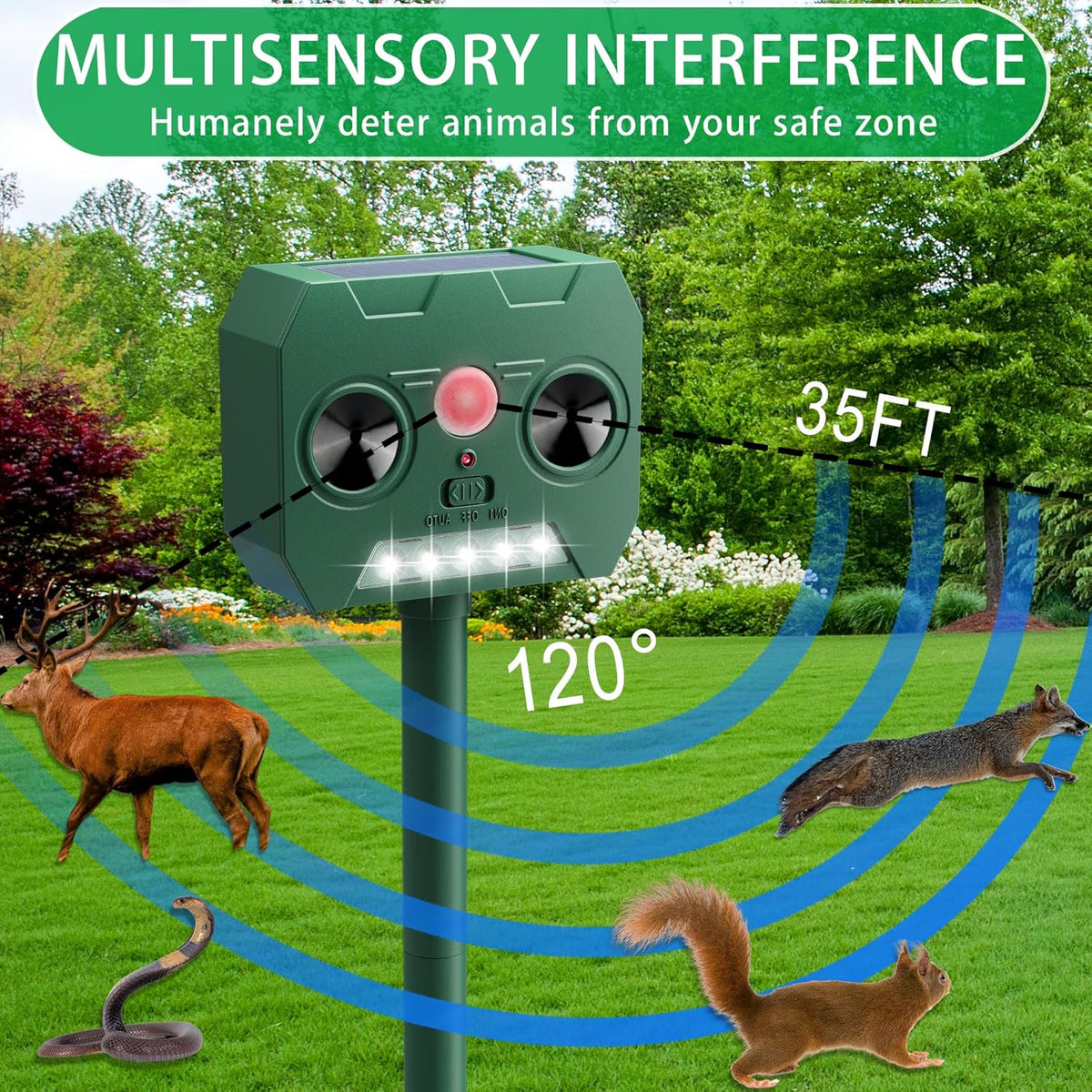 Ultrasonic Animal Repellent Outdoor Deer Repellent Devices Solar Powered,Squirrel Repellent Motion Detection, Waterproof Cat Dog Deterrent Rabbit Fox Pest Raccoon Rodent Repellent for Yard Farm Garden