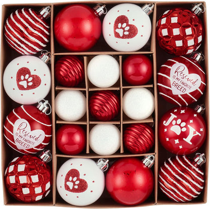 DecorbyHannah Christmas Ornaments Set, 21ct Red and White Ornaments for Christmas Tree Decorations, Pet Dog Shatterproof Plastic Decorative Hanging Ball Bulk for Xmas Holiday Indoor Party Decor