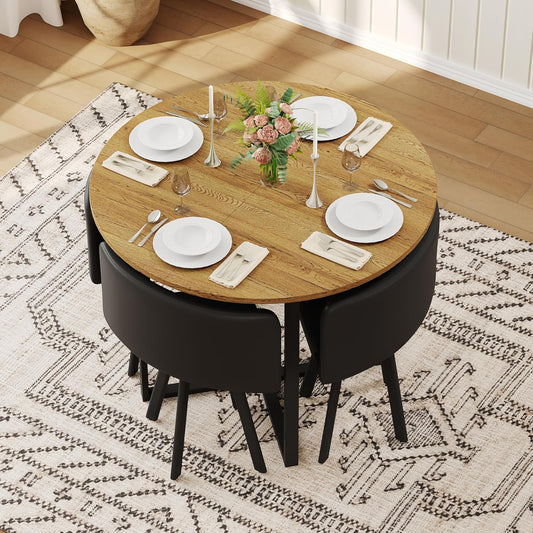 39.5" Round Dining Table Set for 4, 5 Piece Dining Table Set with 4 Tuck-Under Chairs, Farmhouse Kitchen Table Chairs Set, Space Saving Wood Round Dining Room Table Set for Apartments,Home