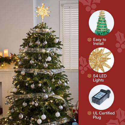 JOIEDOMI 7.8" Metal 3D Star Christmas Tree Topper Golden Glitter Decorations with 56 LED Warm White with Plug Timer Ornaments Treetop Home Holiday Party Indoor Decor