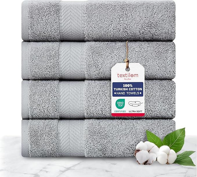 TEXTILOM 100% Turkish Cotton 4 Pcs Hand Towel Set, Luxury Hand Towels for Bathroom, Soft & Absorbent Bathroom Hand Towels Set (16 x 28 inches)- Grey