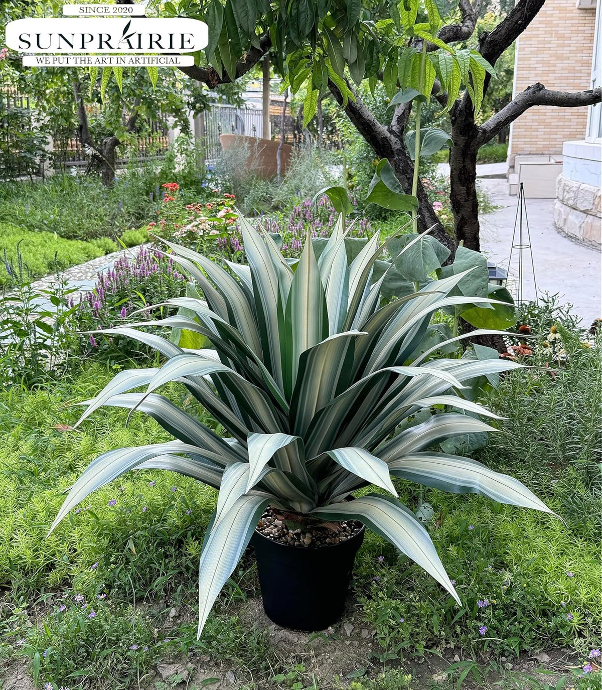 SUNPRAIRIE Life-Like Extra Large 34 Inch Tall Artificial Agave Plant. Cream Leaves with Textured Dark Green Stripes. UV Resistant Faux Plants. Outdoor and Indoor Large Artificial Plants.