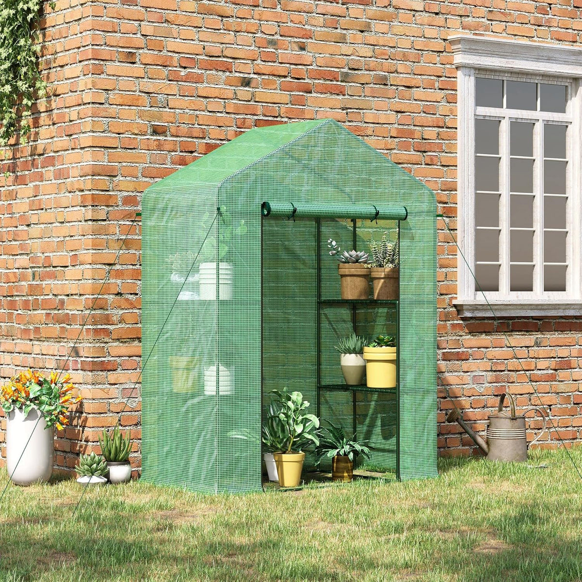 Outsunny 5' x 2.5' x 6.5' Mini Walk-in Greenhouse Kit, Portable Green House with 3 Tier Shelves, Roll-Up Door, and Weatherized PE Cover for Backyard Garden, Green