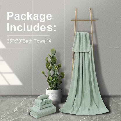 Ultra Soft Bath Towel Set of 4, Green Extra Large Textured Microfiber Luxury Towels 35x70 in, Quick Dry, Highly Absorbent, Fluffy, Oversized, for Bathroom Shower Pool Hotel Beach