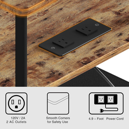 End Table with Charging Station & Outlet, Small Narrow Side Table for Bedroom, 25" H Bedside Table with USB Ports, 3-Tier Slim Nightstand, Rustic Brown