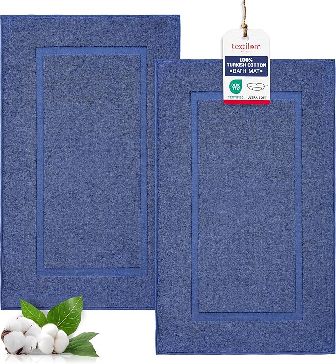 TEXTILOM Luxury 2 Pack Banded Cotton Bath Mats for Bathroom Floor [ Hotel, Spa, Tub, Shower Bath Mat Floor Towel Set ], Machine Washable & Soft & Absorbent & Quick Dry (20''x34'')- Navy