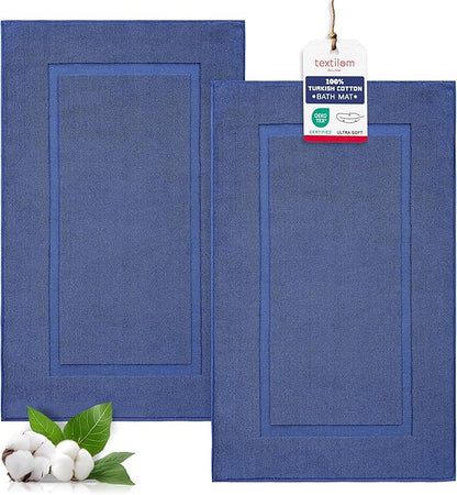 TEXTILOM Luxury 2 Pack Banded Cotton Bath Mats for Bathroom Floor [ Hotel, Spa, Tub, Shower Bath Mat Floor Towel Set ], Machine Washable & Soft & Absorbent & Quick Dry (20''x34'')- Navy