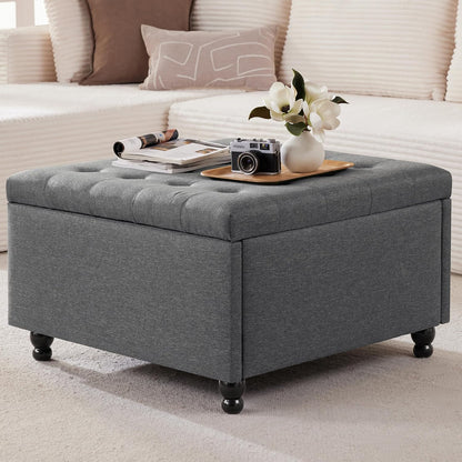 30" Large Square Ottoman with Storage, Fabric Ottoman Coffee Table, Grey | Tufted Upholstered Ottoman for Living Room, Oversized Square Storage Ottoman for Bedroom and Entryway, Solid Wood Frame
