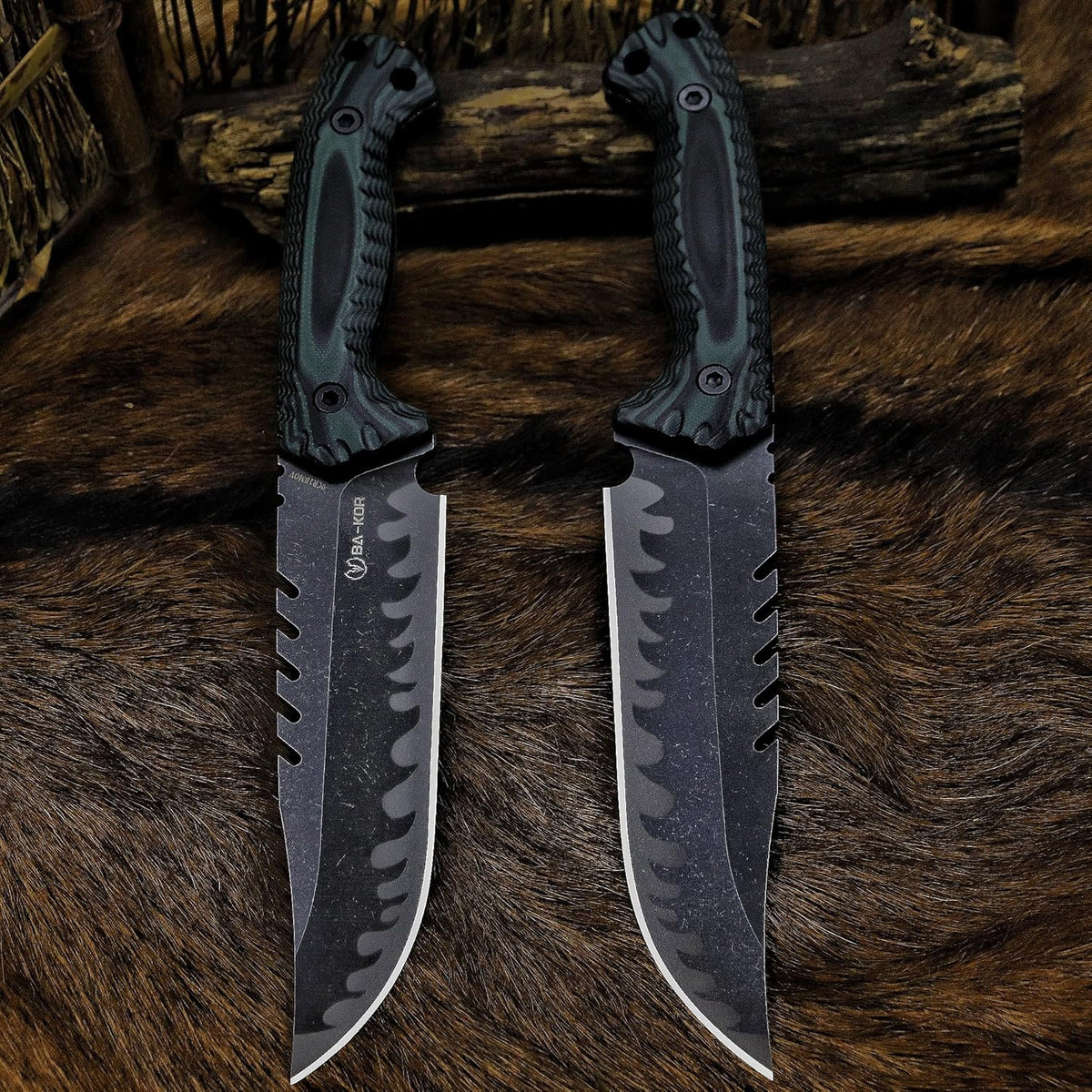 BA-KOR 12.4in Full Tang Fixed Blade Hunting Knife – 6mm 9CR18MoV Steel, G10 Handle, Stonewashed Sawback Blade with Kydex Sheath & Fire Starter for Outdoor, Camping, Survival (Green and black stripes)