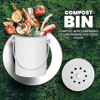 Utopia Kitchen Compost Bin for Kitchen Countertop, 1 Gallon Compost Bucket for Kitchen with Lid, Includes 1 Spare Charcoal Filter (White)