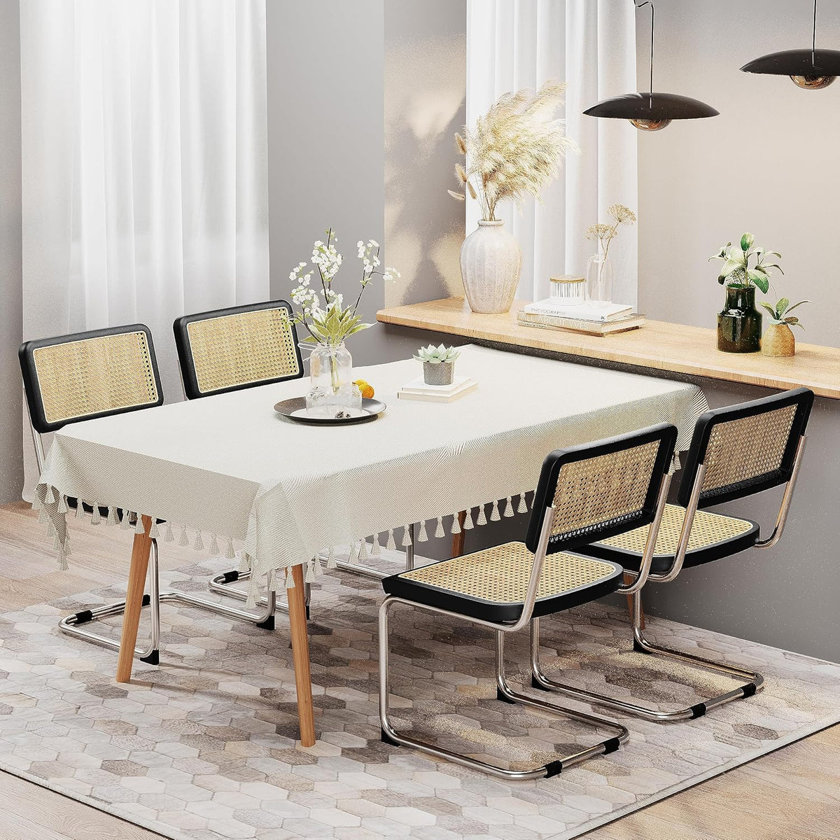 Rattan Dining Chairs Set of 2 Mid Century Modern Dining Room Chairs with Natural Rattan Woven Backrest and Seat Upholstered Kitchen Armless Side Chairs with Metal Legs, Black