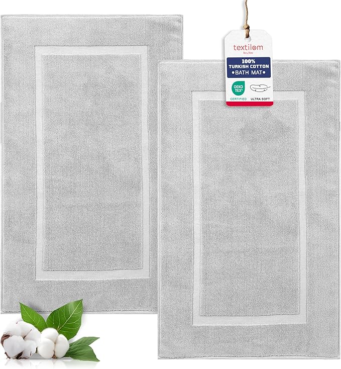 TEXTILOM Luxury 2 Pack Banded Cotton Bath Mats for Bathroom Floor [ Hotel, Spa, Tub, Shower Bath Mat Floor Towel Set ], Machine Washable & Soft & Absorbent & Quick Dry (20''x34'')- Light Grey