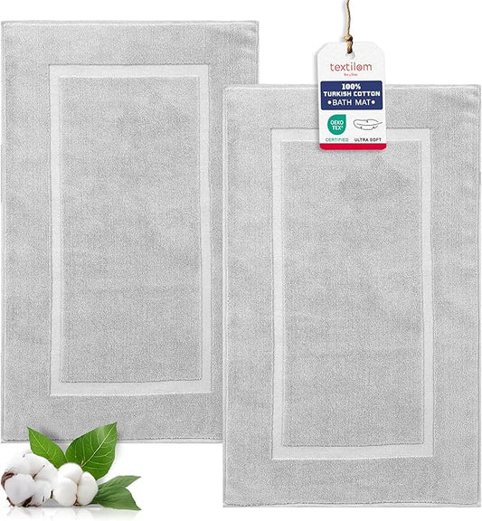TEXTILOM Luxury 2 Pack Banded Cotton Bath Mats for Bathroom Floor [ Hotel, Spa, Tub, Shower Bath Mat Floor Towel Set ], Machine Washable & Soft & Absorbent & Quick Dry (20''x34'')- Light Grey