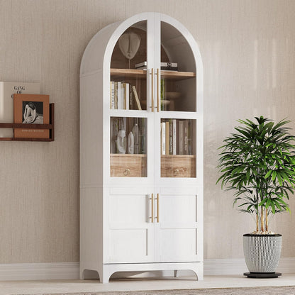 71" Farmhouse Tall Arched Kitchen Pantry Cabinet with Adjustable Shelves and Hidden Drawer, Anti-Tipping Storage Cupboard with Glass Door for Kitchen, Dining Room (White)